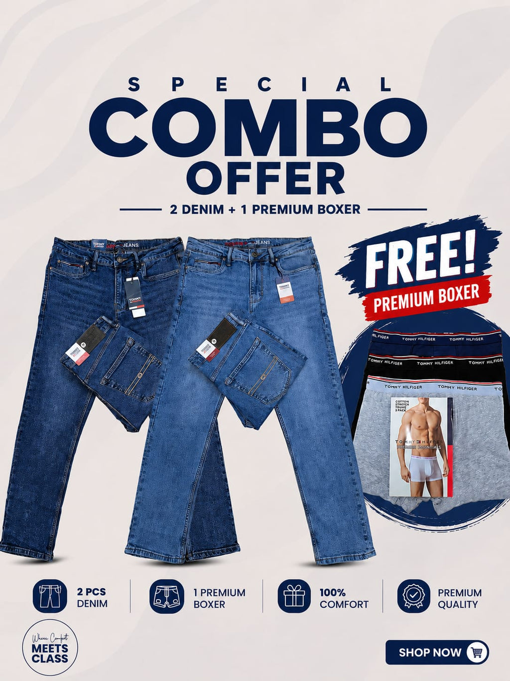 Combo Tommy Hilfiger Original Denim Colour Light blue & Deep blue & Free Boxer