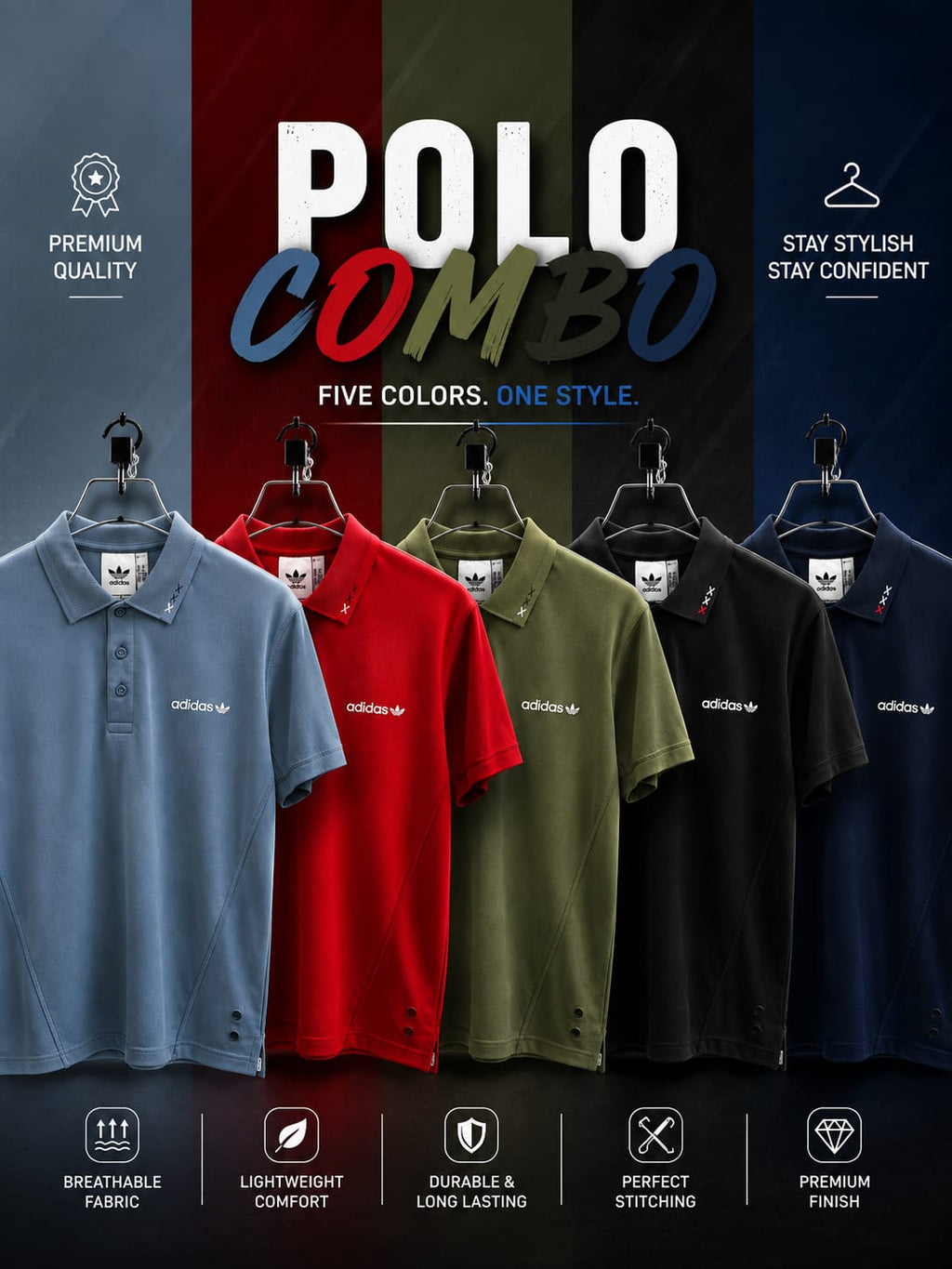 5Pc Combo Premium Adidas Men’s Polo