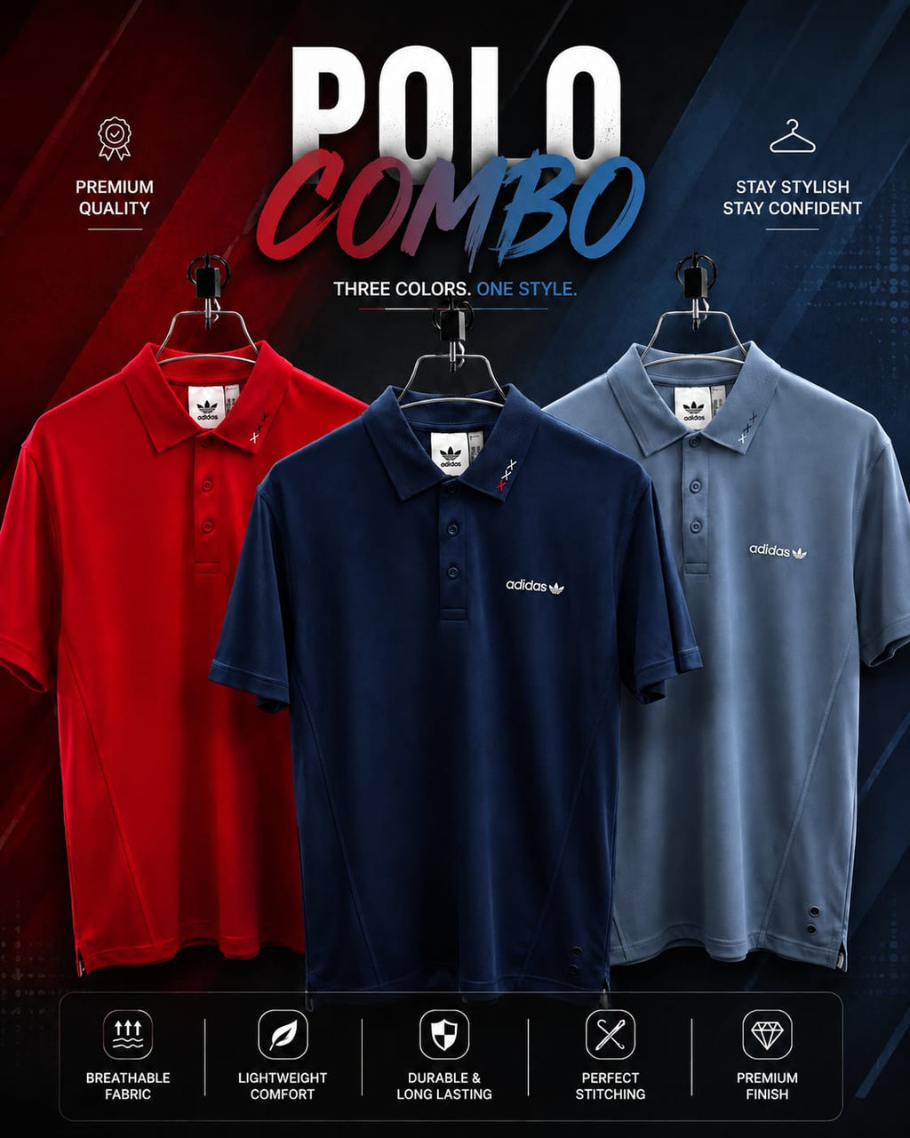 3Pc Combo Premium Adidas Men’s Polo