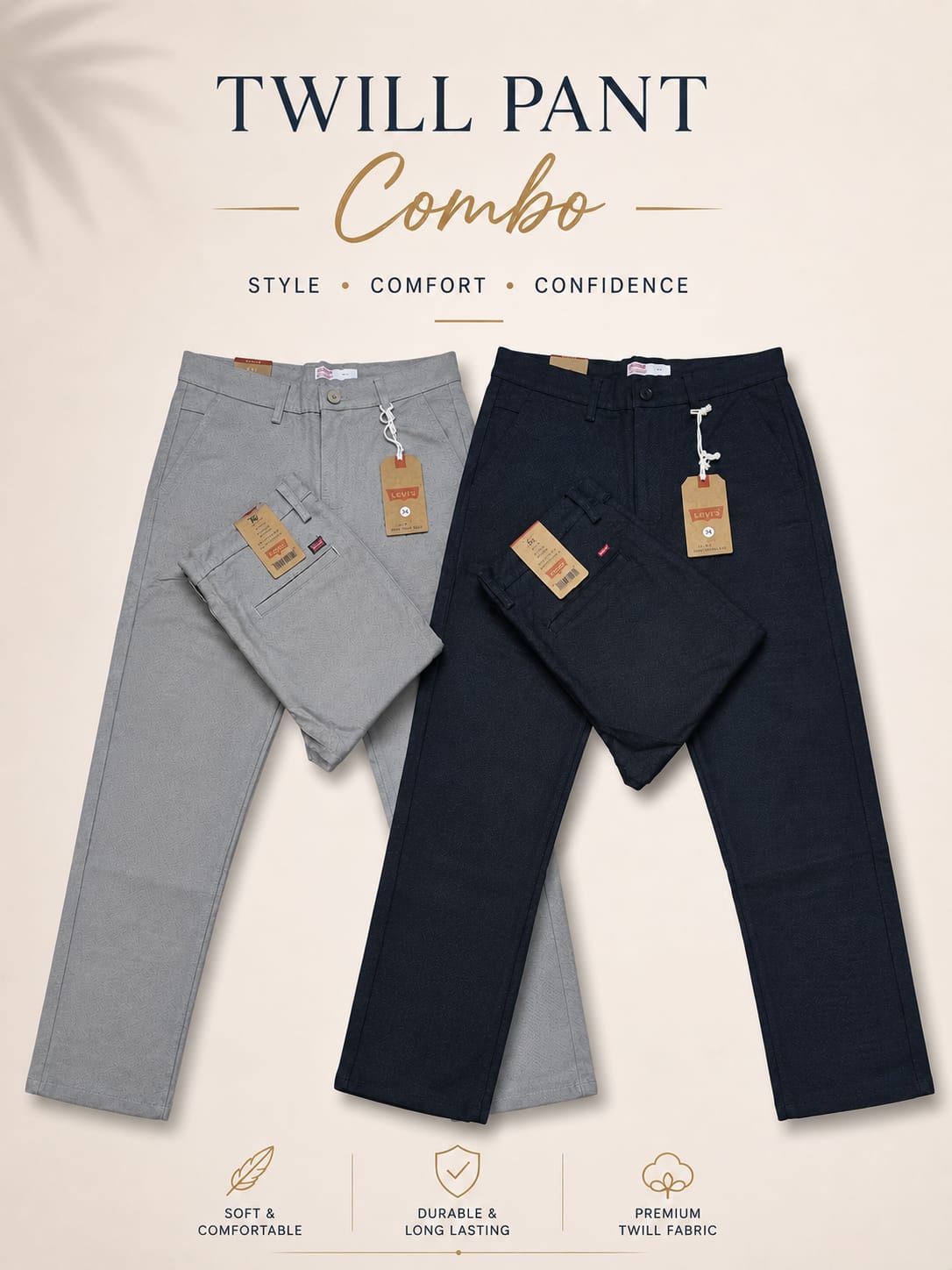 Combo 100% Export Levi's Twill Pant Colour Black & Light Grey