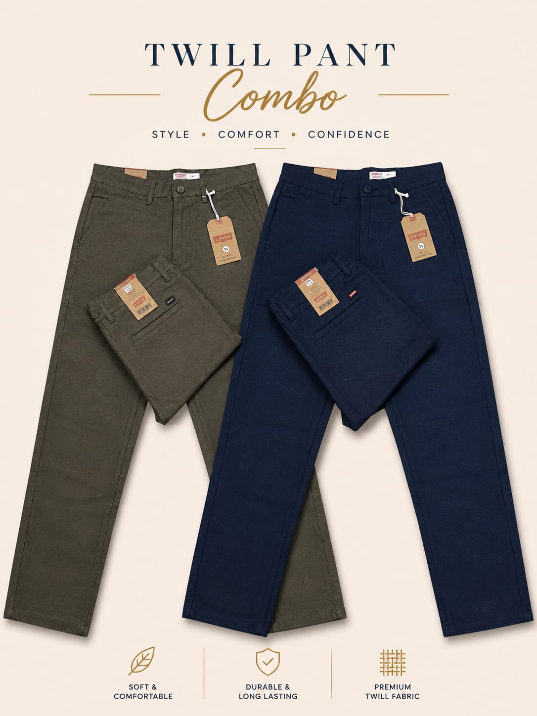 Combo 100% Export Levi's Twill Pant Colour Navy & Olive Green