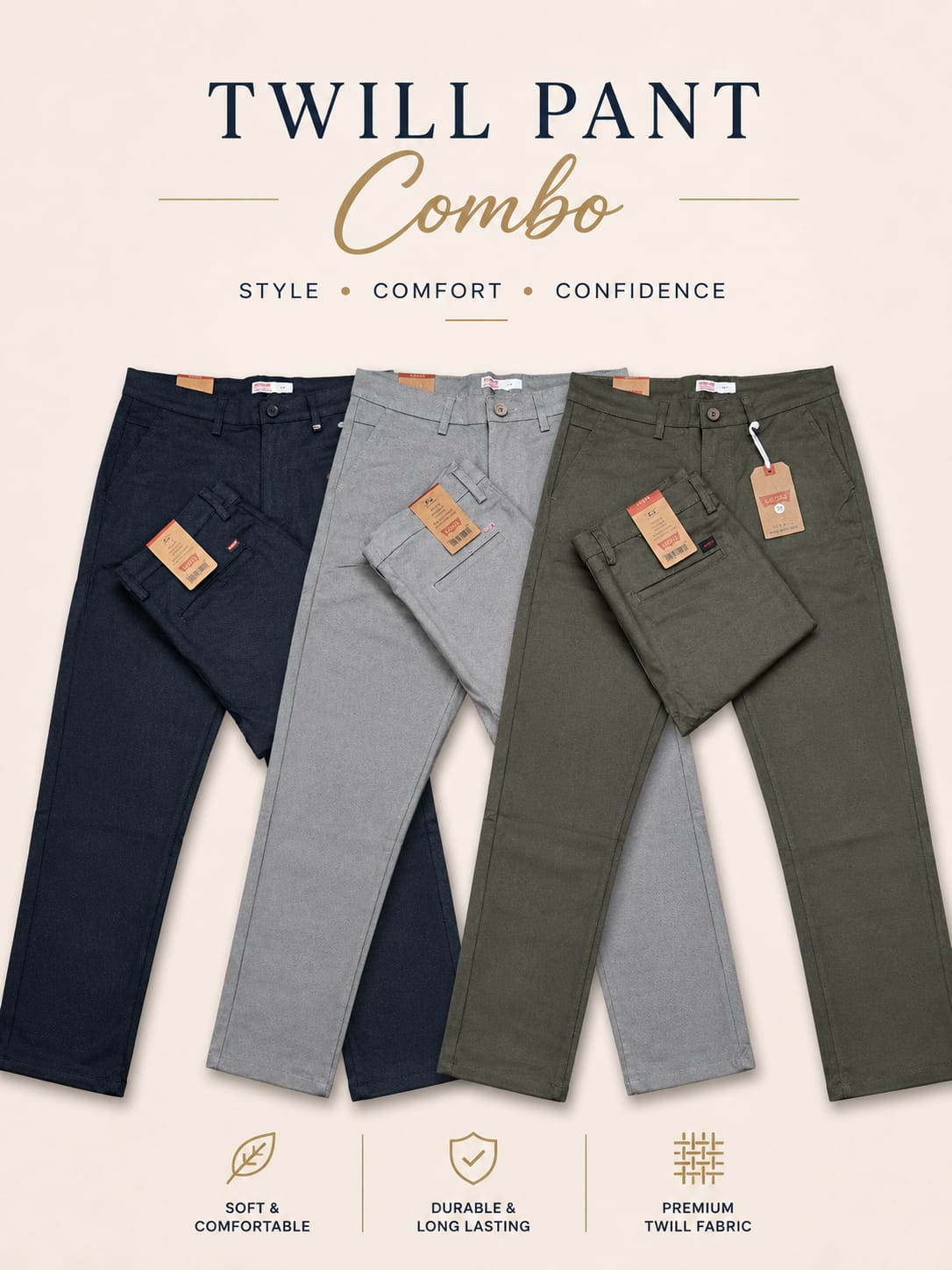 Combo 100% Export Levi's Twill Pant 3 Colour