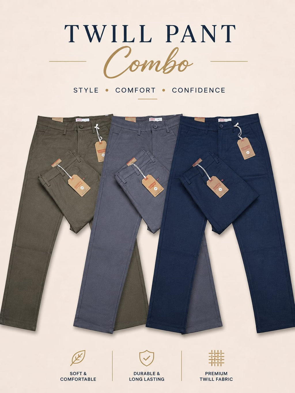 Combo 100% Export Levi's Twill Pant 3 Colour