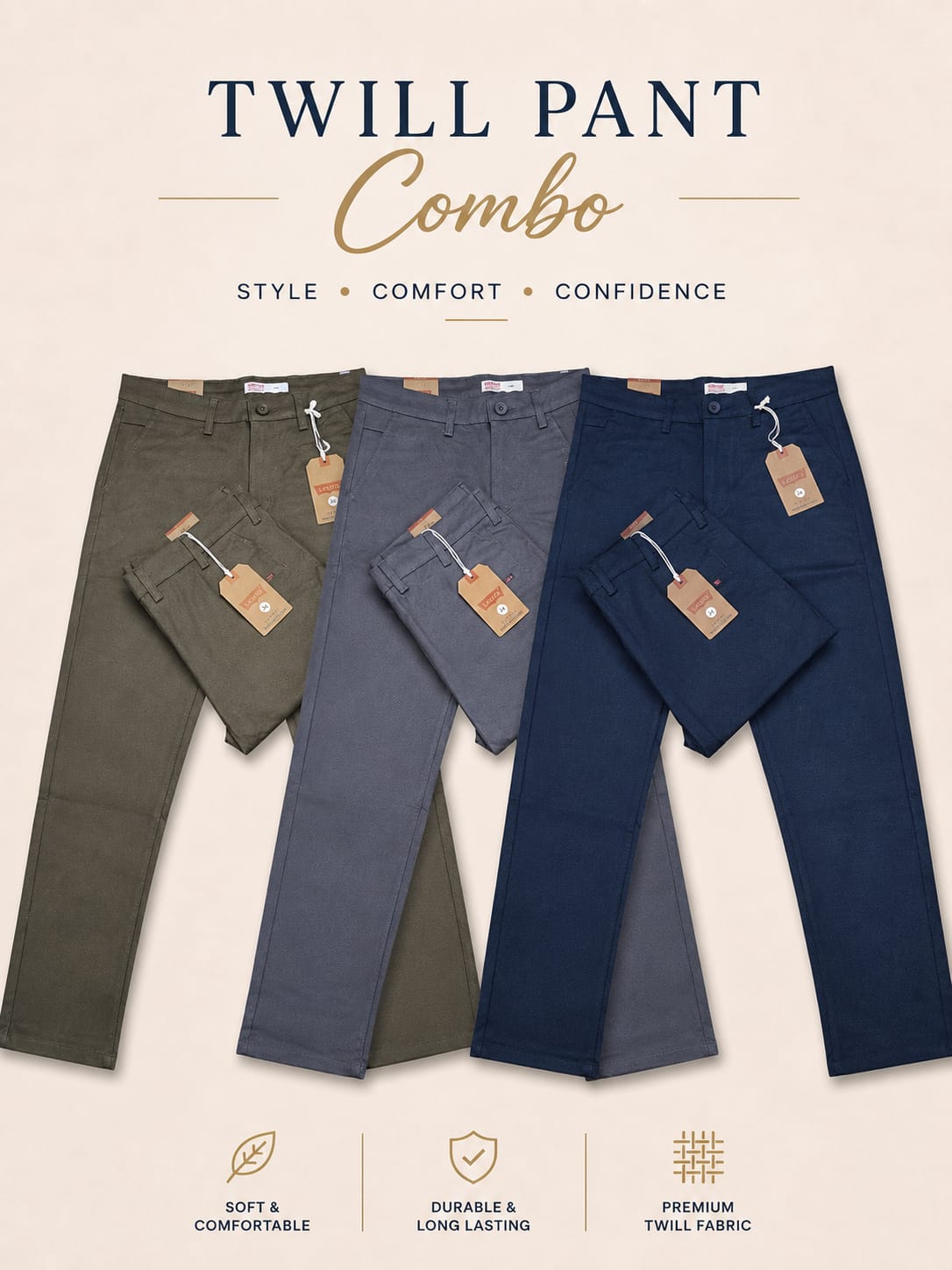 Combo 100% Export Levi's Twill Pant 3 Colour